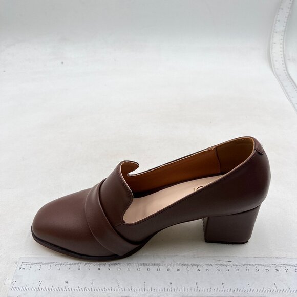 FOWT Women's Loafer Slip Ons Closed Round Toe Block Chunky Heels Pumps Brown - Picture 2 of 8